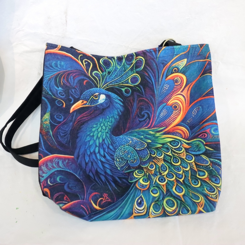 Product Description: Peacock tote bag by Artist Karen Von Oppen</br> Tote Bag: Peacock